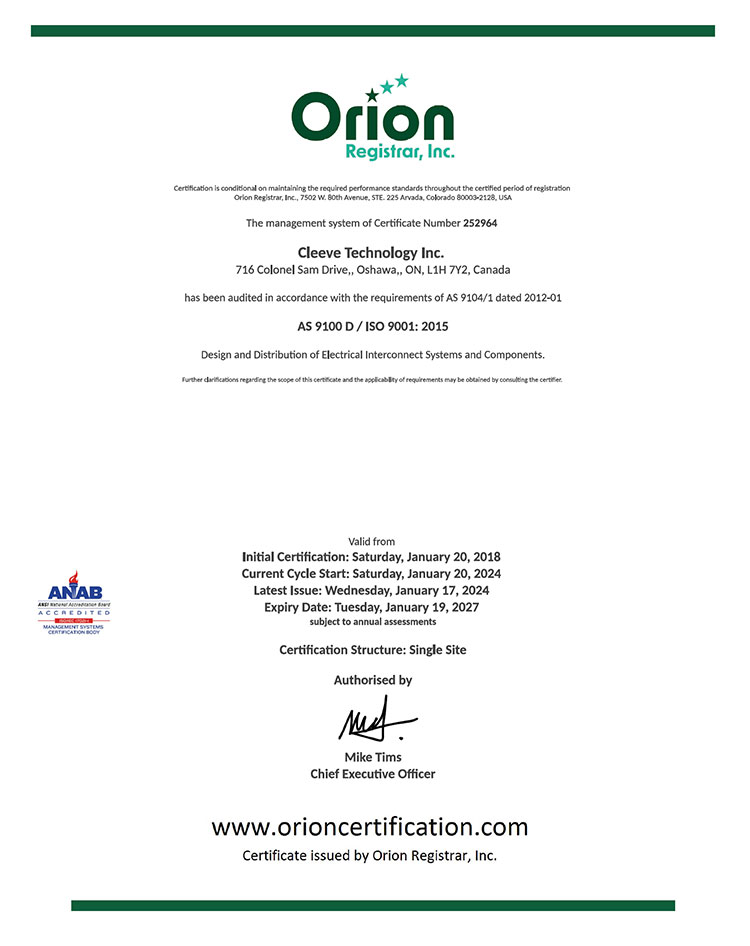 Cleeve Technology Orion Registar Certificate